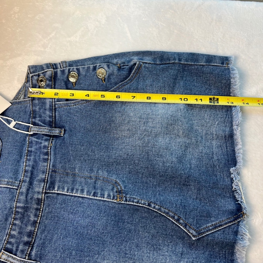 ELLEVEN Denim Overall Skirt Women Medium Blue Frayed Hem Bib Pocket NWT - Picture 8 of 11